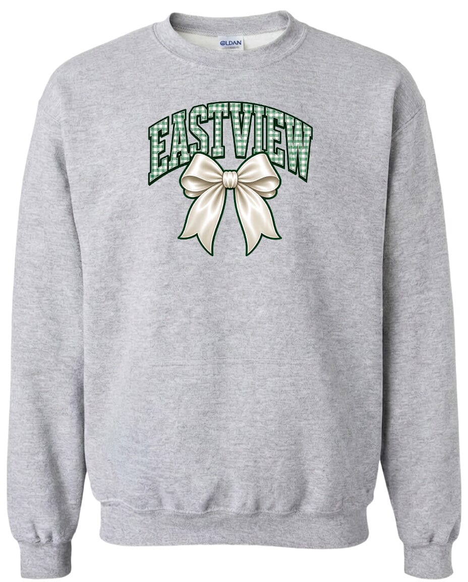 A gray sweatshirt with a graphic design featuring a large bow and the word "EASTVIEW" printed on it.
