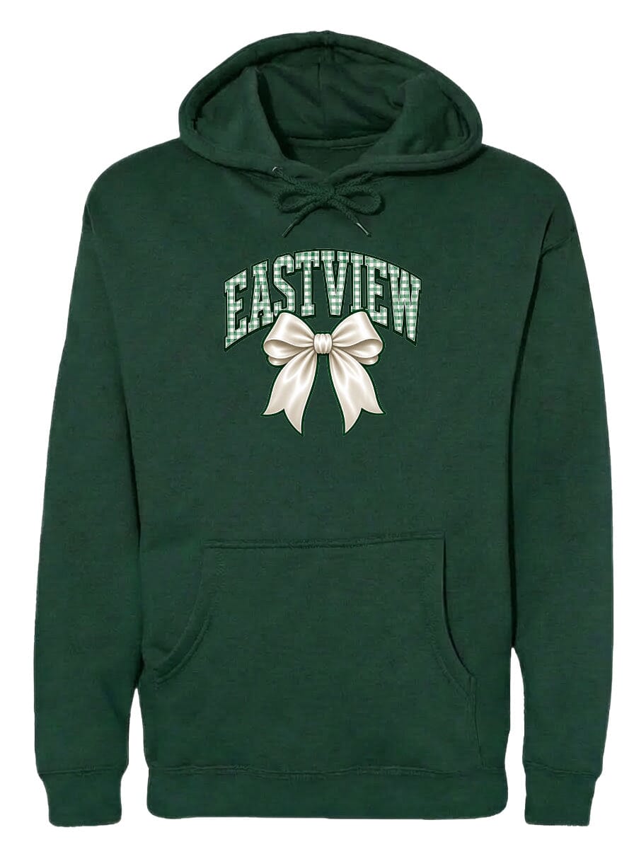 A dark green hoodie with a white bow on the front.