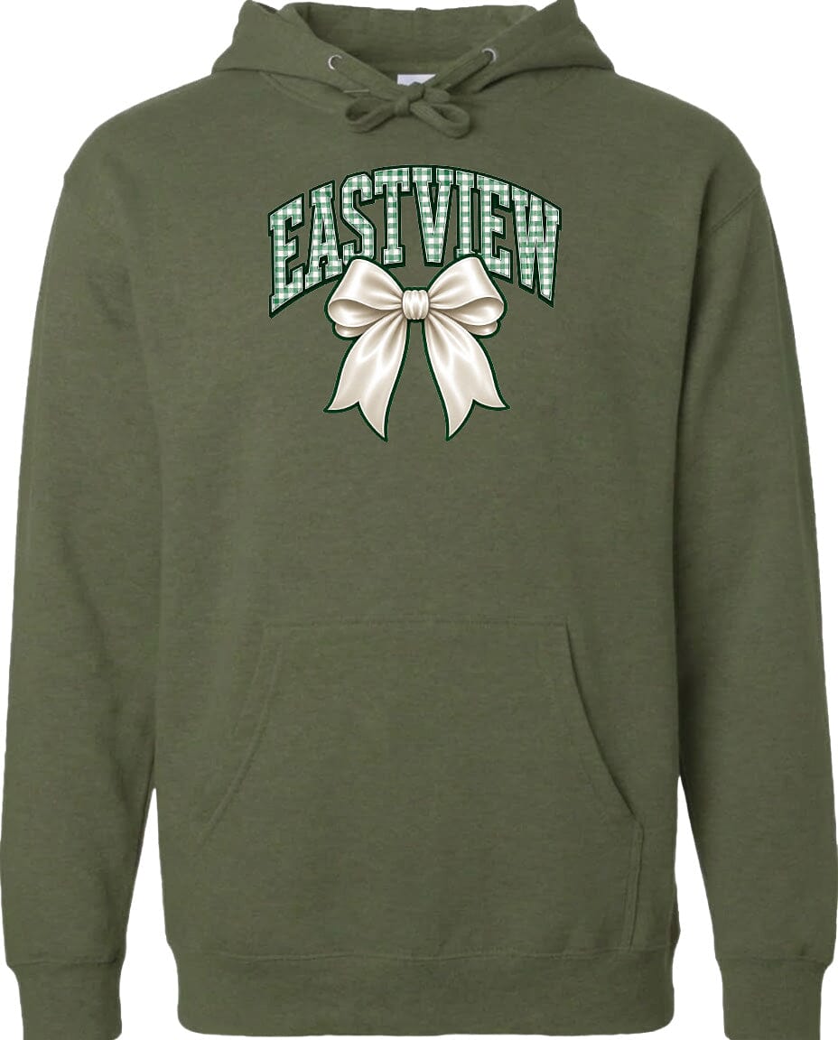 A green hoodie with a graphic design featuring a white bow and the word "EASTVIEW" printed on it.