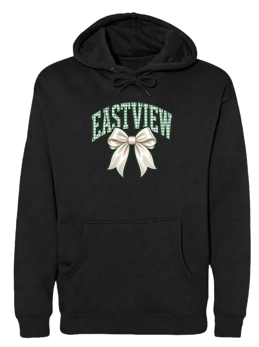 A black hoodie with a white bow and the word "EASTVIEW" printed on it.