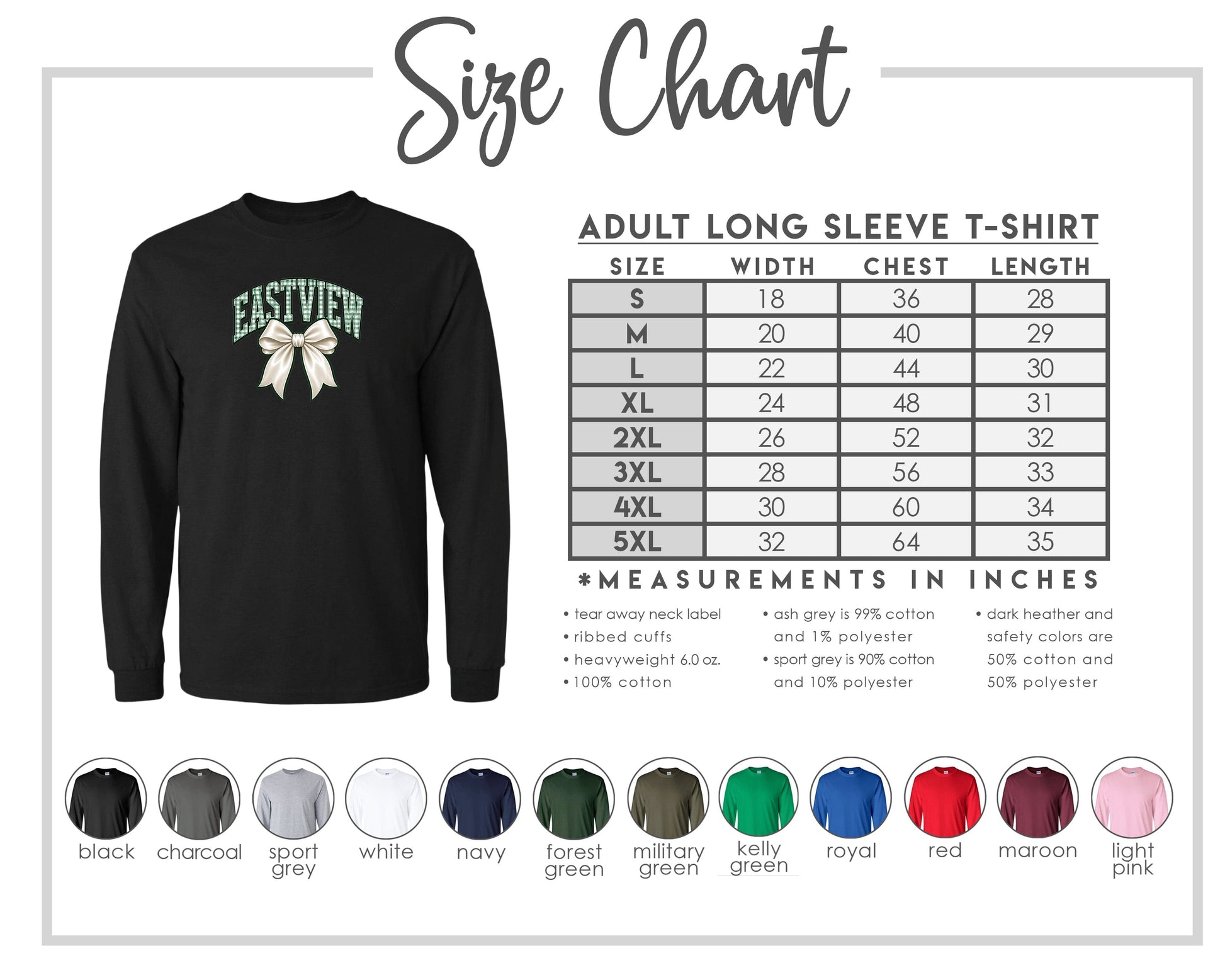 The image is a size chart for an adult long sleeve t-shirt, displaying the measurements and corresponding colors for different sizes.