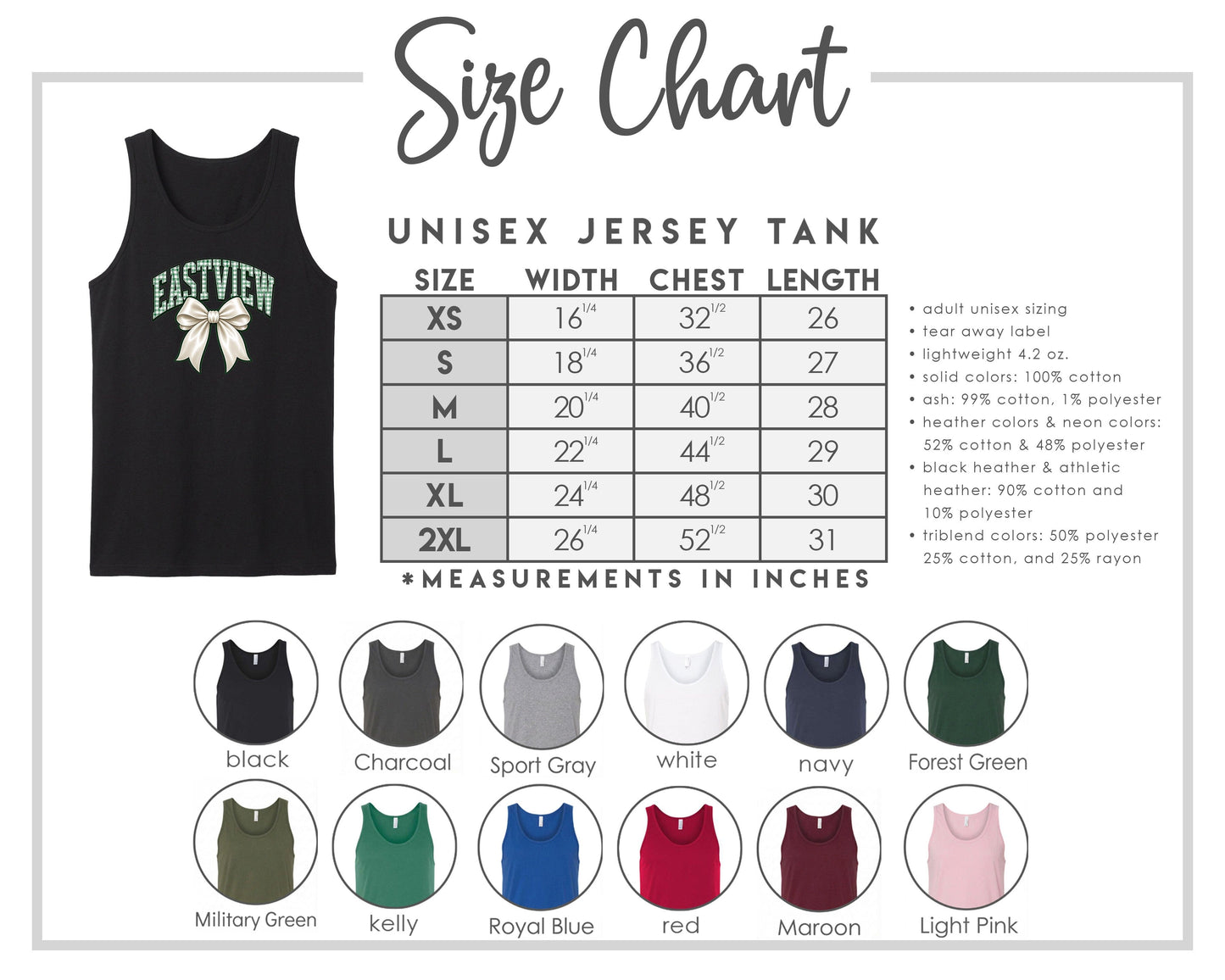 The image is a size chart for a unisex jersey tank, providing measurements and corresponding tank sizes for different chest lengths.