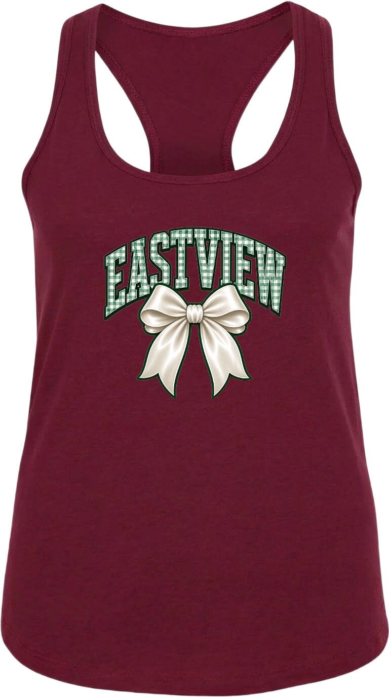 A burgundy tank top with a bow and the word "EASTVIEW" printed on it.