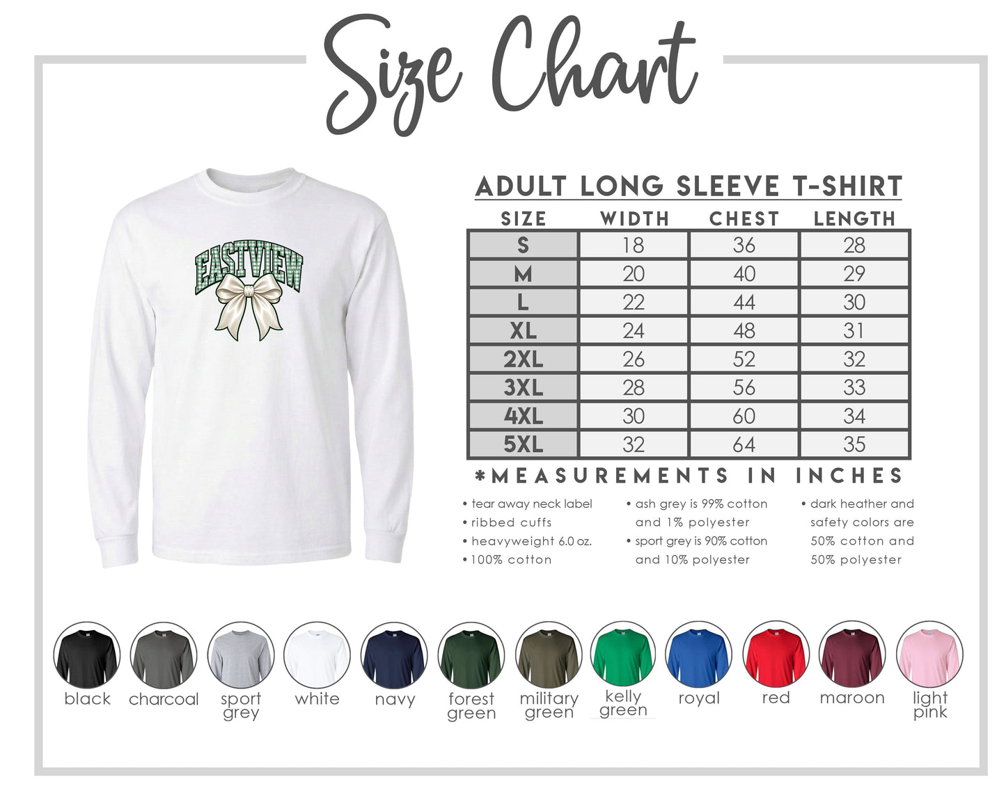 The image is a size chart for an adult long sleeve t-shirt, providing measurements and corresponding shirt colors.