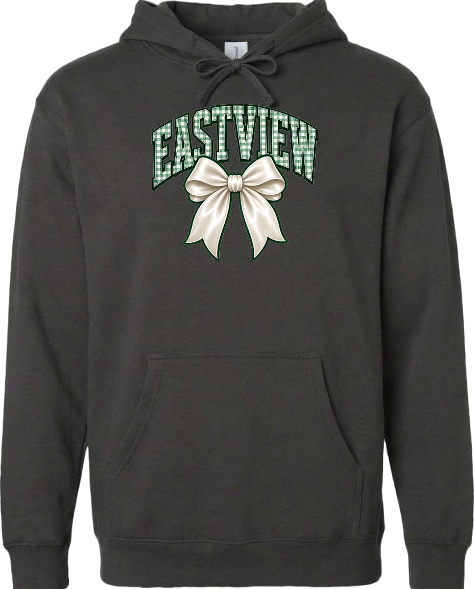 A black hoodie with a graphic design on the front. The design features a white bow and the word "EASTVIEW" written in a stylized font.