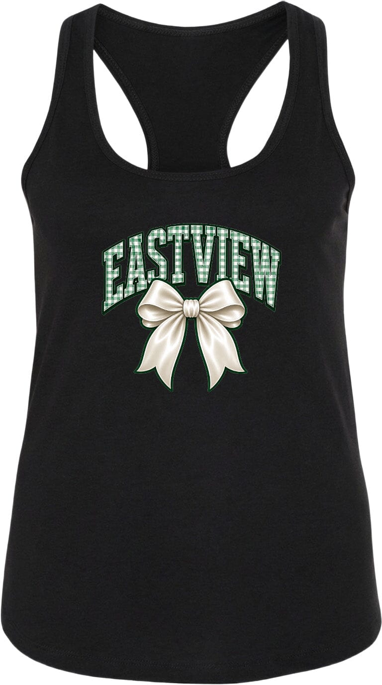 A black tank top with the text "EASTVIEW" and a bow graphic printed on it.