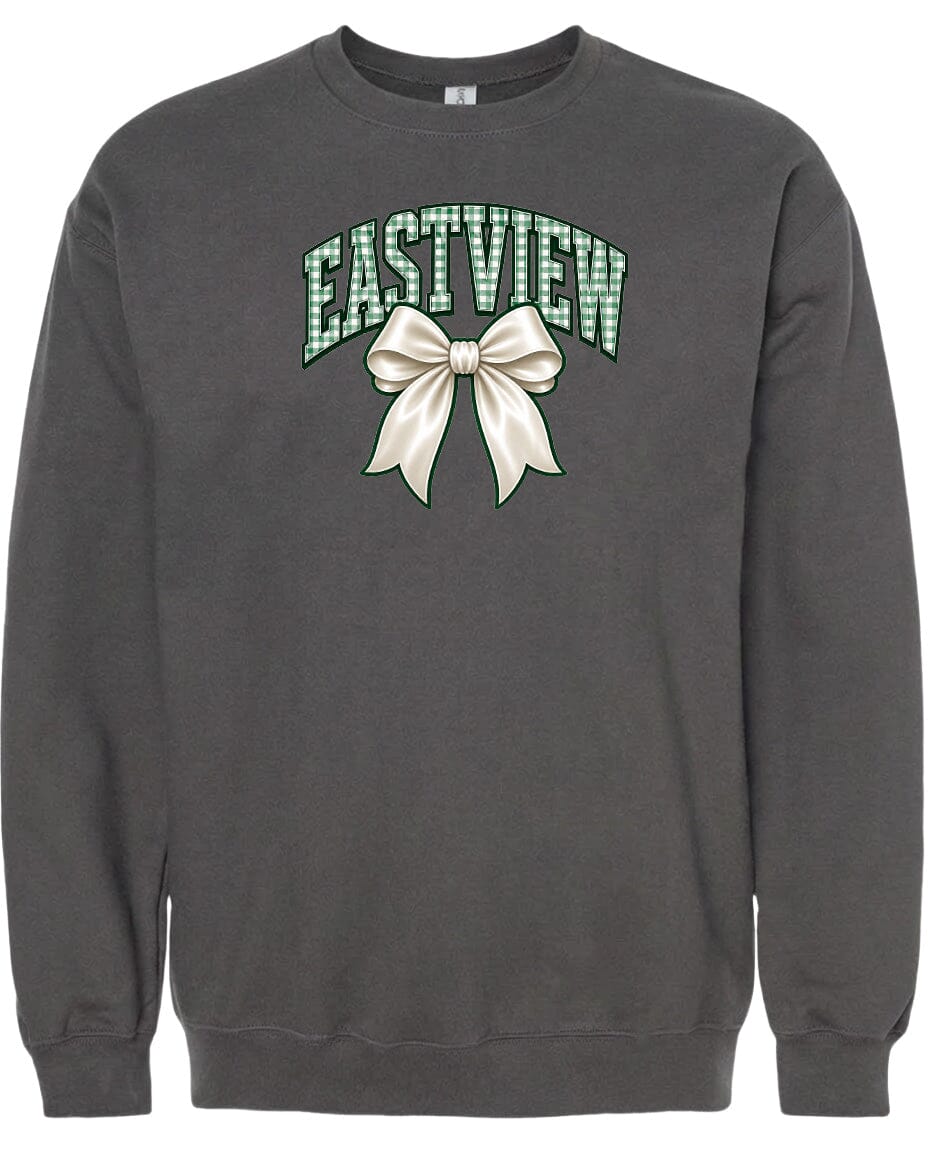 A gray sweatshirt with a graphic design on the front. The design features a large white bow and the word "EASTVIEW" written in a stylized font.