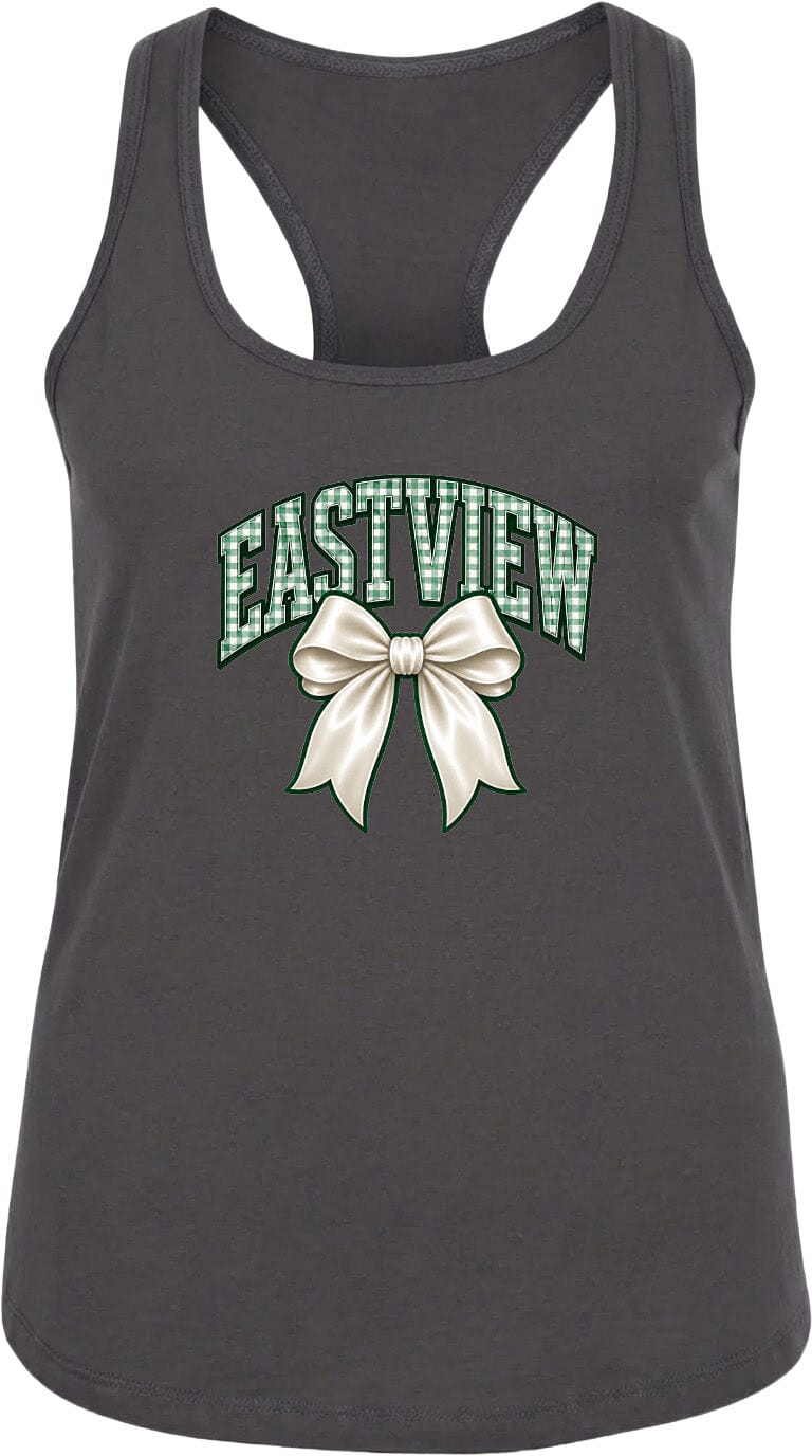 A gray tank top with a green bow and the text "EASTVIEW" printed on it.