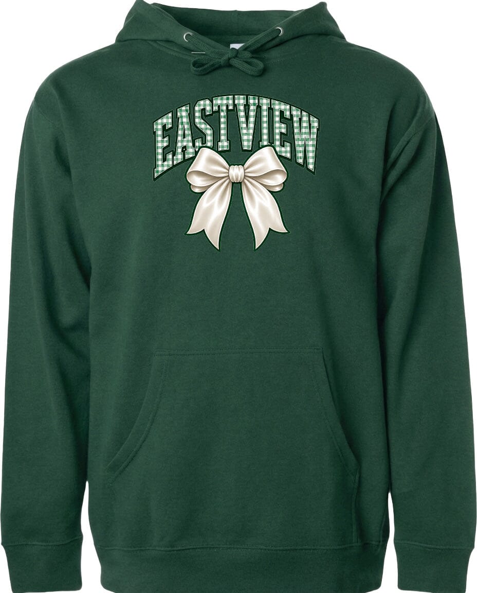 A dark green hoodie with a white bow and the word "EASTVIEW" printed on it.