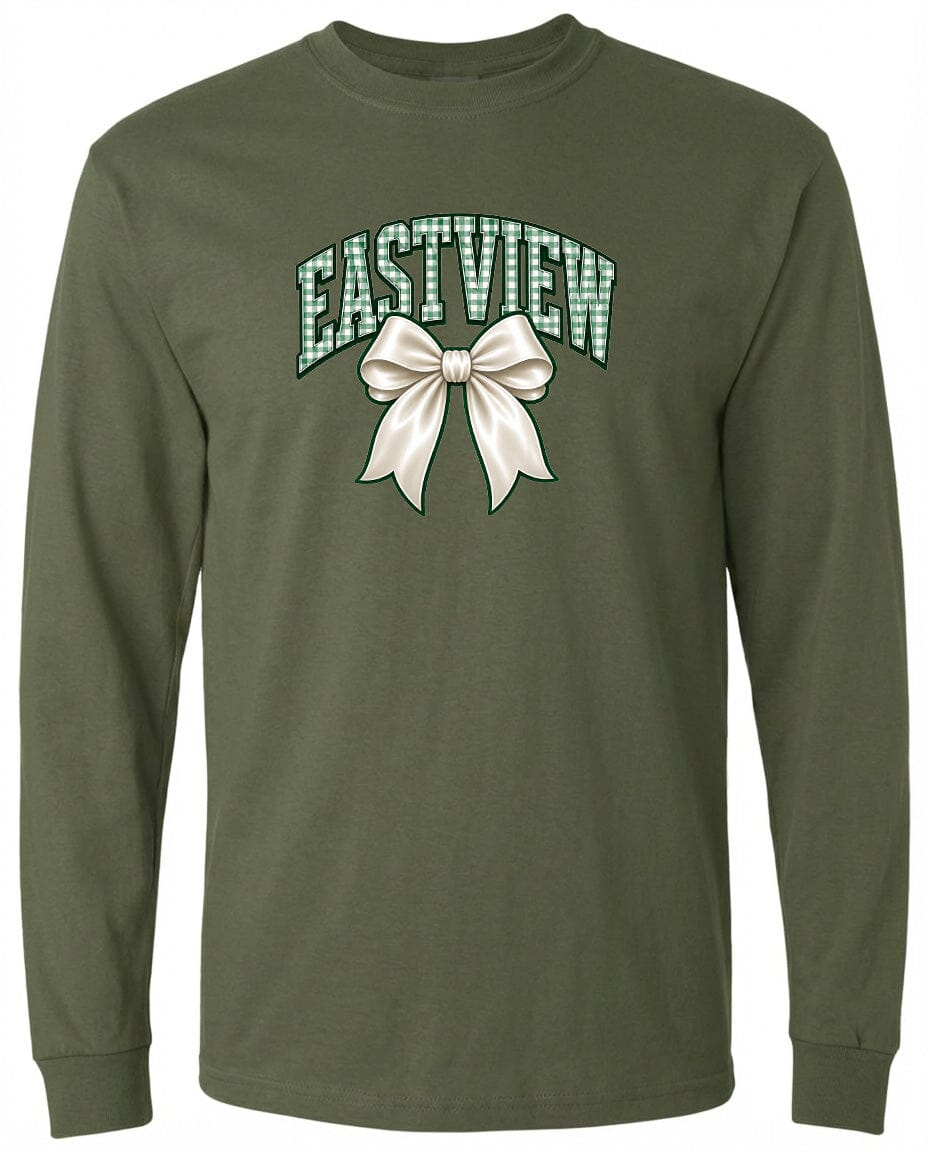 A long-sleeved olive green t-shirt with a graphic design on the front. The design features a white bow and the text "EASTVIEW" written in a stylized font.