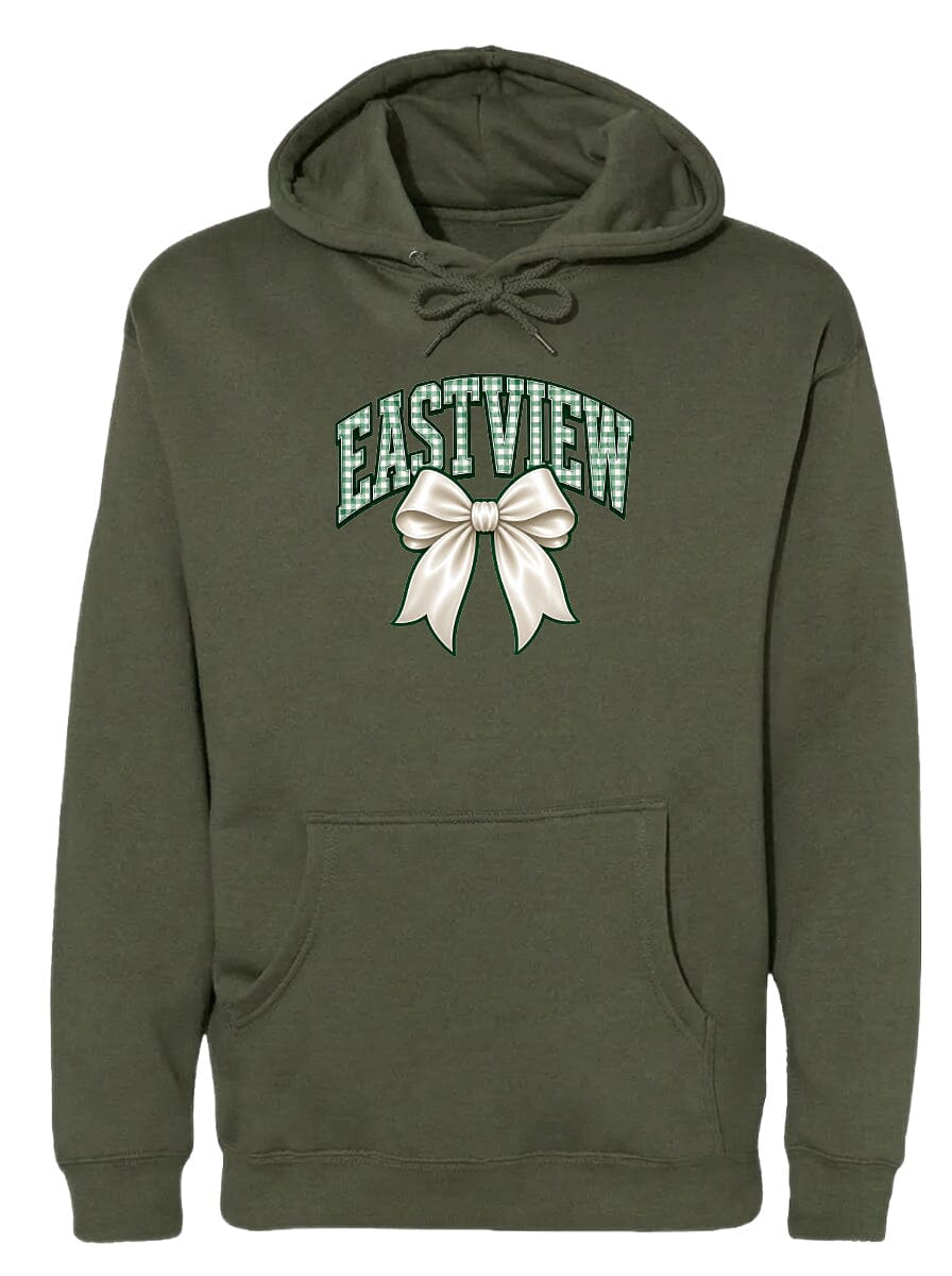 A dark green hoodie with a white bow on the front.