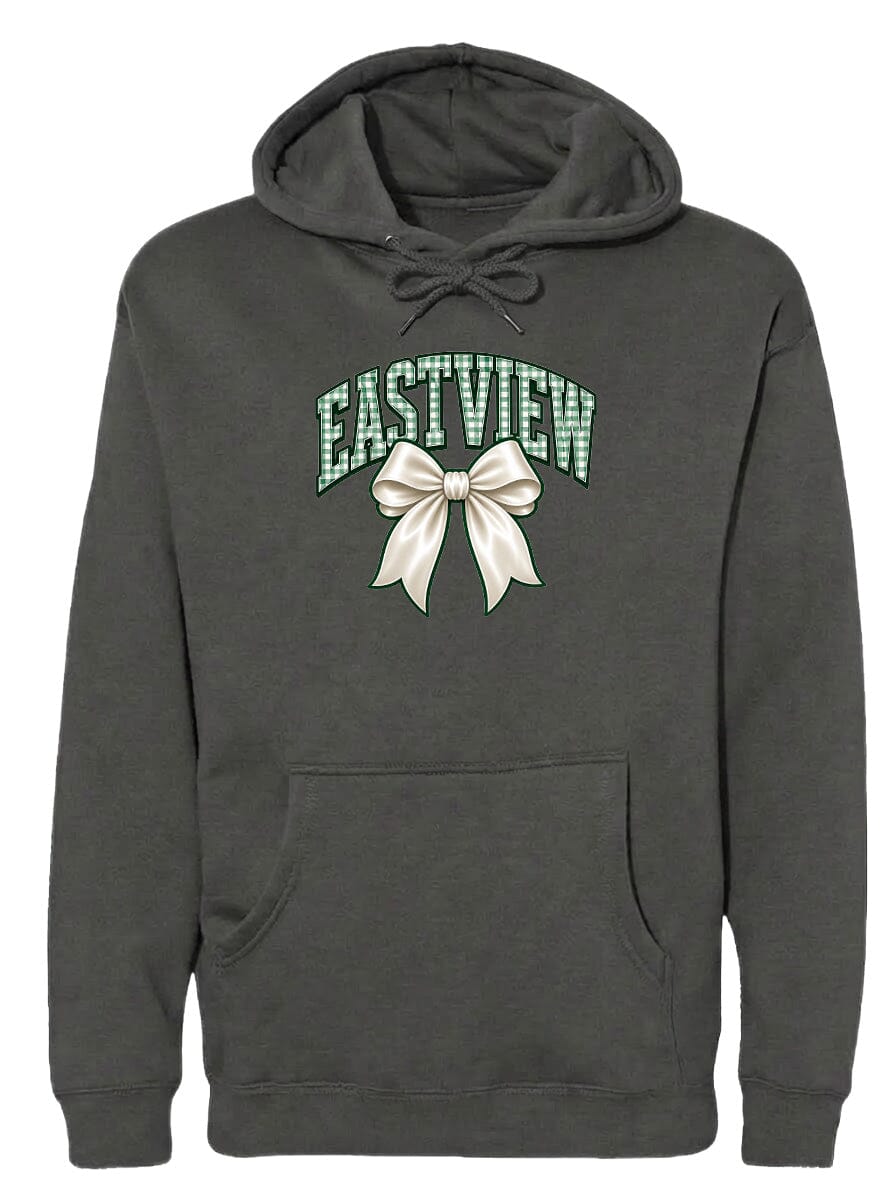 A gray hoodie with a green bow and the word "EASTVIEW" printed on it.