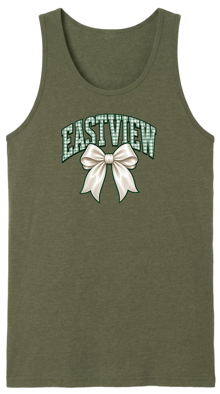 A green tank top with a bow and the word "EASTVIEW" printed on it.