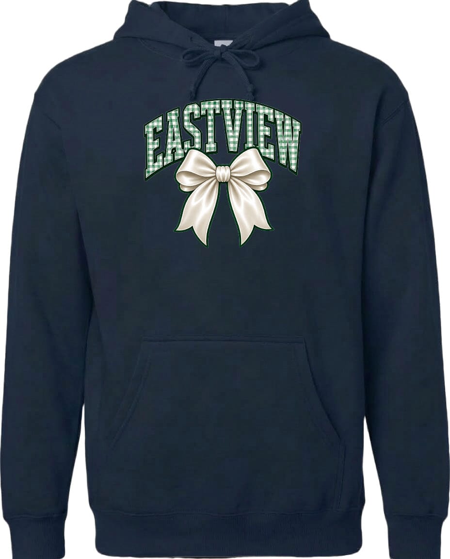 A navy blue hoodie with a white bow and the word "EASTVIEW" printed on it.