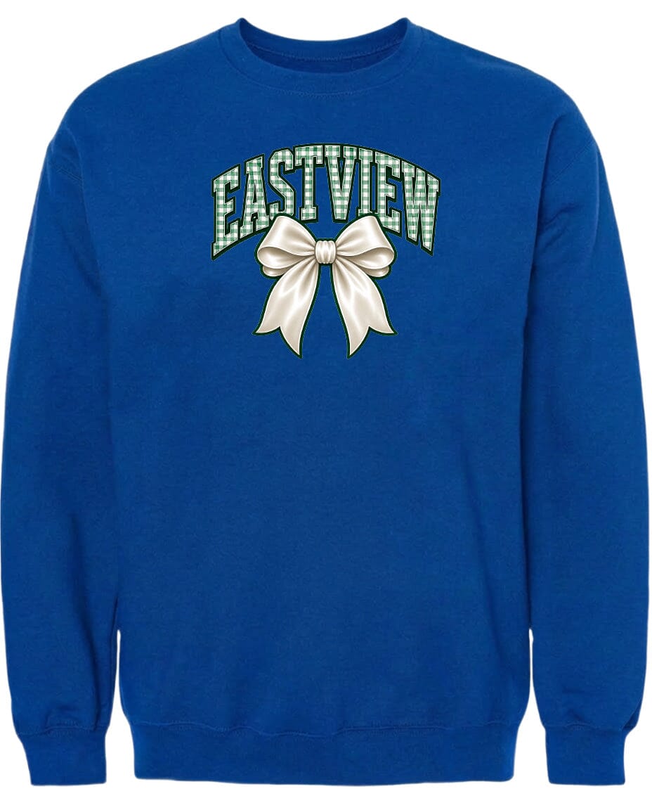 A blue sweatshirt with a white bow and the word "EASTVIEW" printed on it.