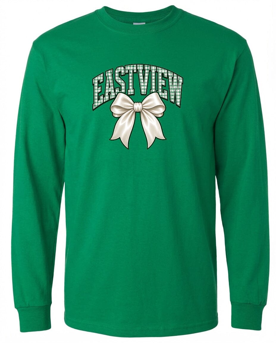 A long-sleeved green t-shirt with a white bow and the word "EASTVIEW" printed on it.