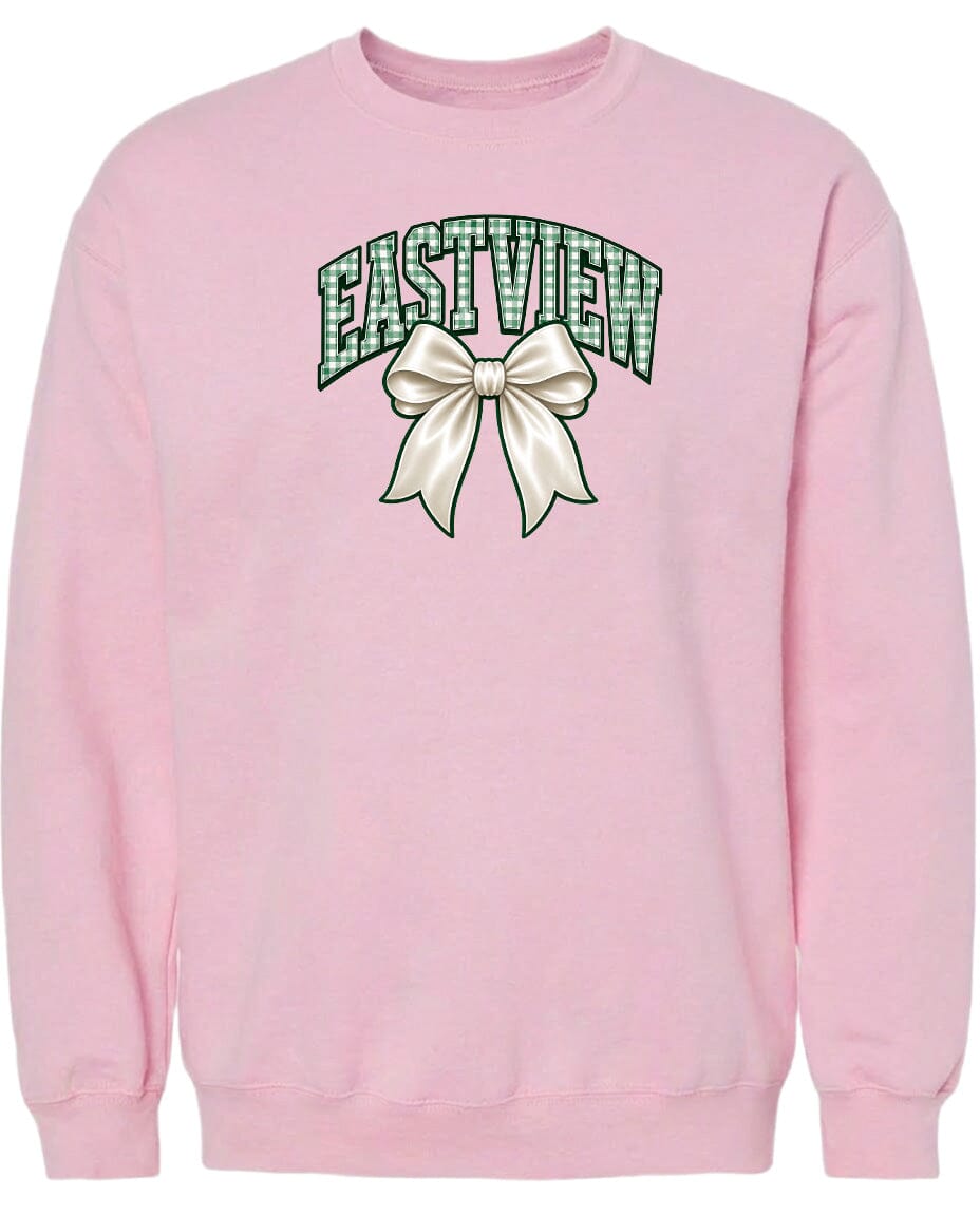 A pink sweatshirt with a graphic design featuring a bow and the word "EASTVIEW" printed on it.