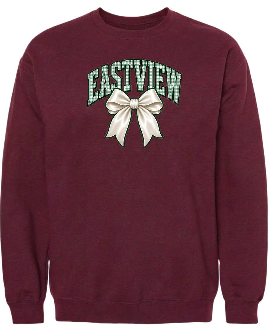 A burgundy sweatshirt with a graphic design featuring a white bow and the word "EASTVIEW" printed on it.