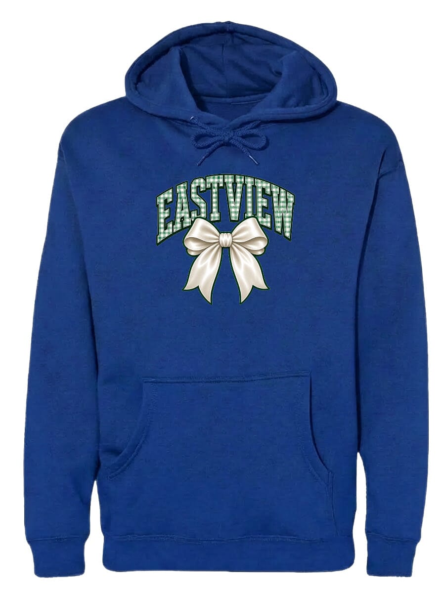 A navy blue hoodie with a white bow and the word "EASTVIEW" printed on it.