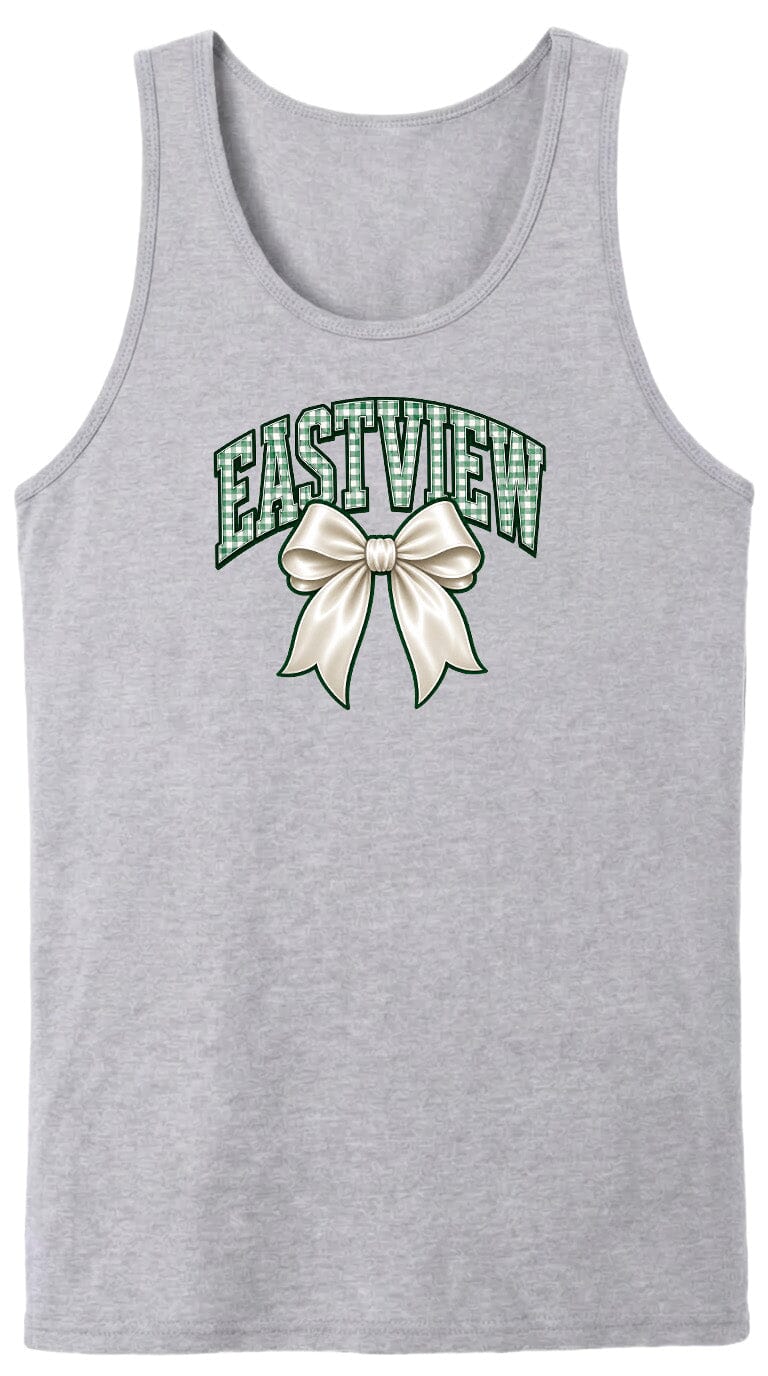 A gray tank top with a green and white graphic design featuring a large bow and the word "EASTVIEW" written above it.