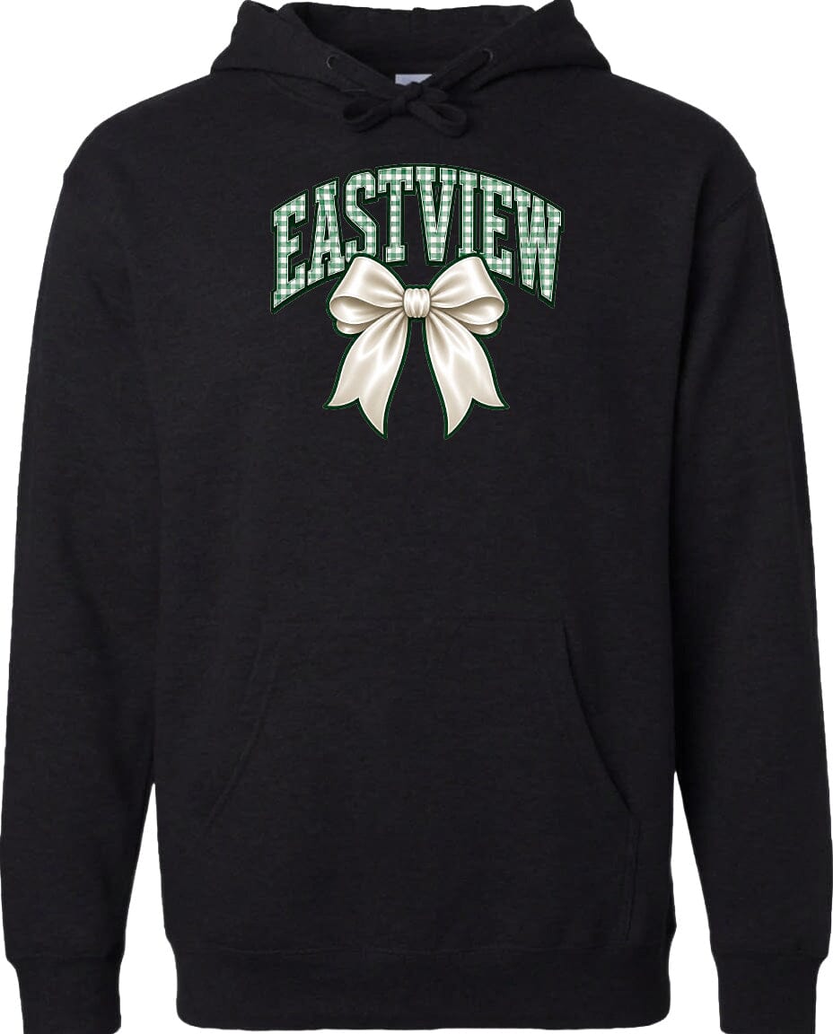 A black hoodie with a graphic design on the front. The design consists of a white bow and the word "EASTVIEW" written in green text.