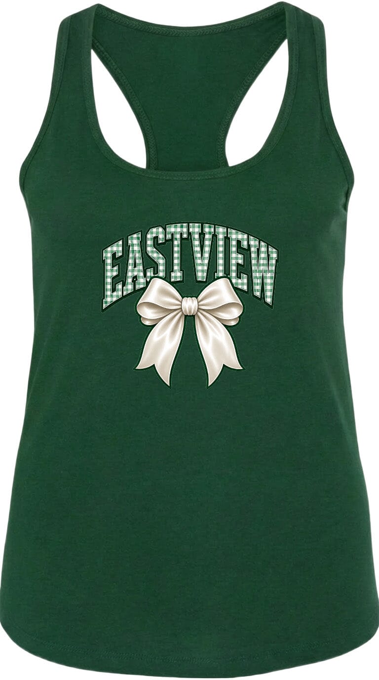 A green tank top with the word "EASTVIEW" and a bow graphic printed on it.