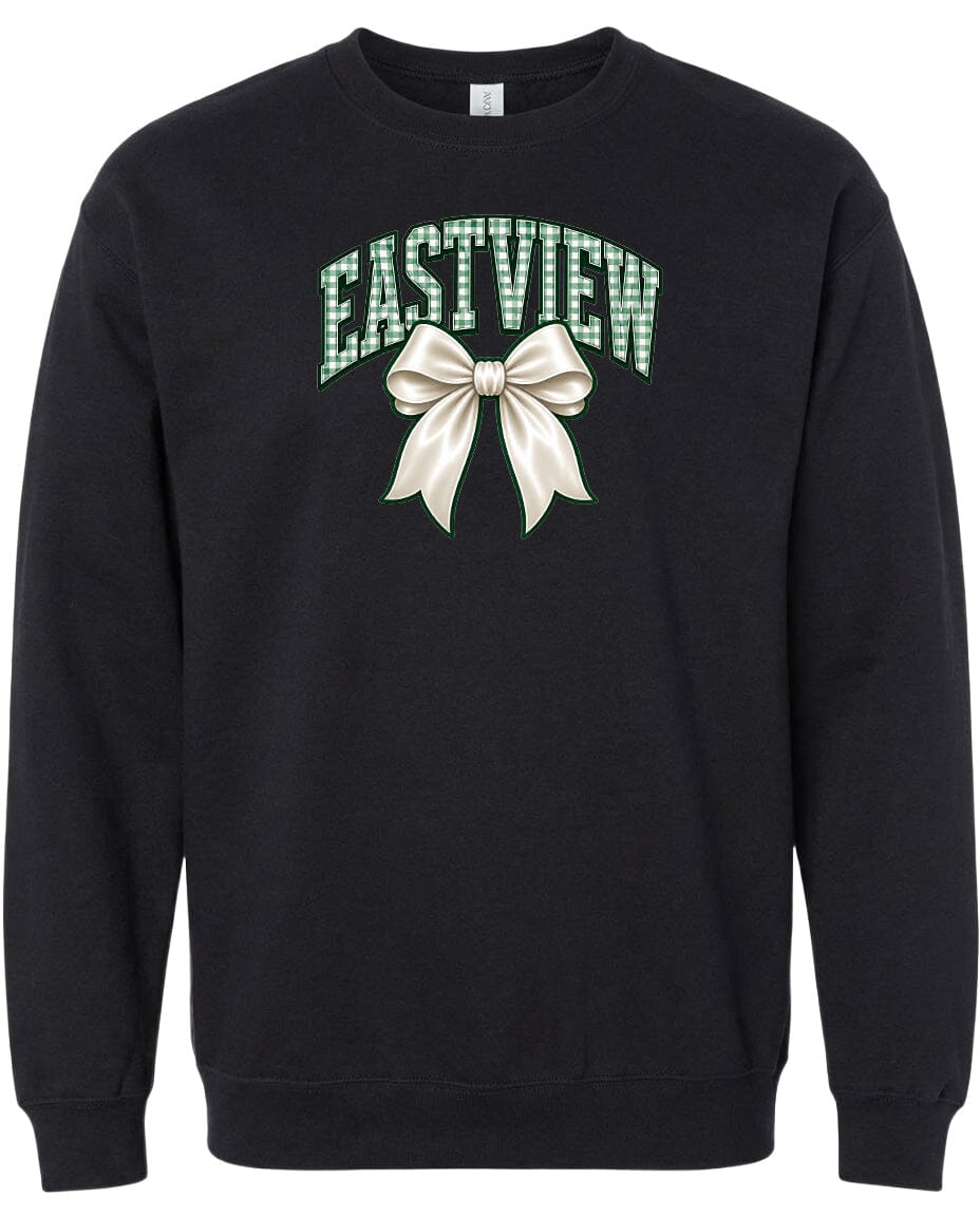 A black sweatshirt with a graphic design on the front. The design consists of a white ribbon with a bow, and the text "EASTVIEW" is written above it.