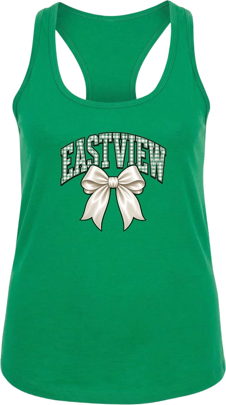 A green tank top with a white bow and the text "EASTVIEW" printed on it.