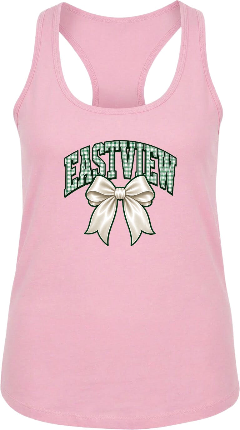 A pink tank top with a graphic design featuring a bow and the word "EASTVIEW" printed on it.
