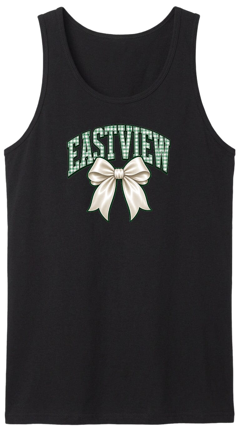 A black tank top with the word "EASTVIEW" and a bow graphic printed on it.