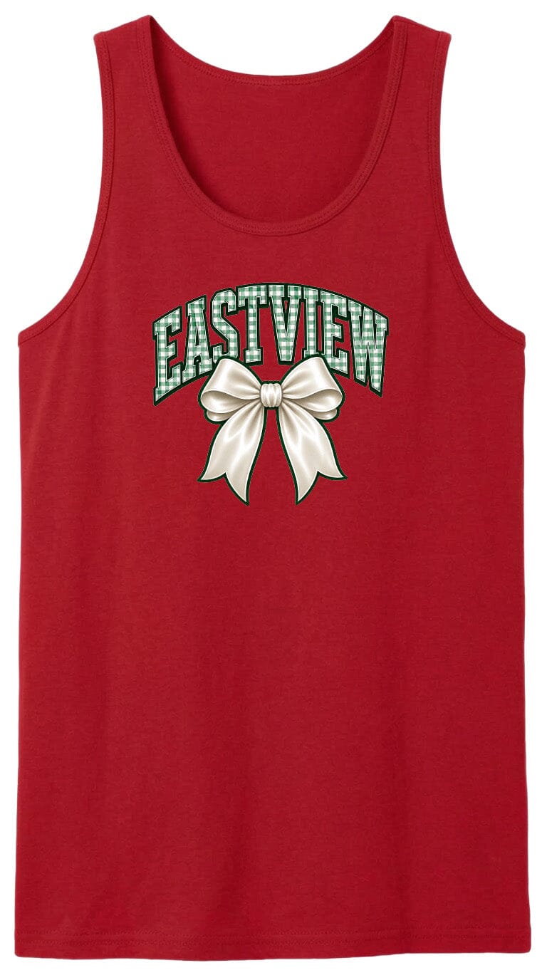 A red tank top with the word "EASTVIEW" and a white bow graphic printed on it.