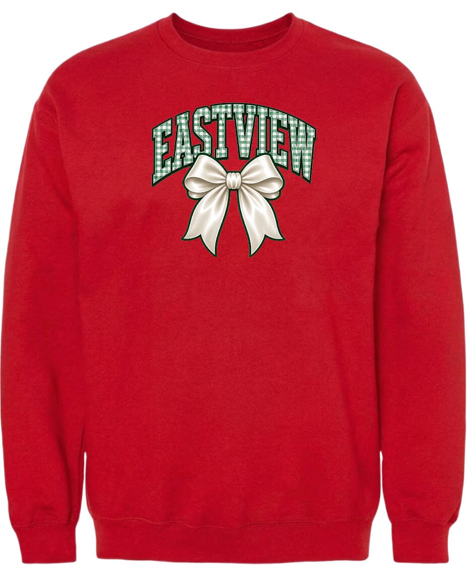 A red sweatshirt with a graphic design featuring a white bow and the word "EASTVIEW" printed on it.