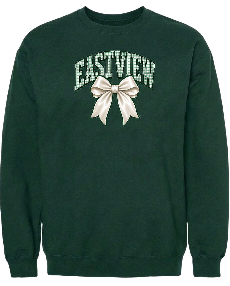 A dark green sweatshirt with a white bow and the word "EASTVIEW" printed on it.