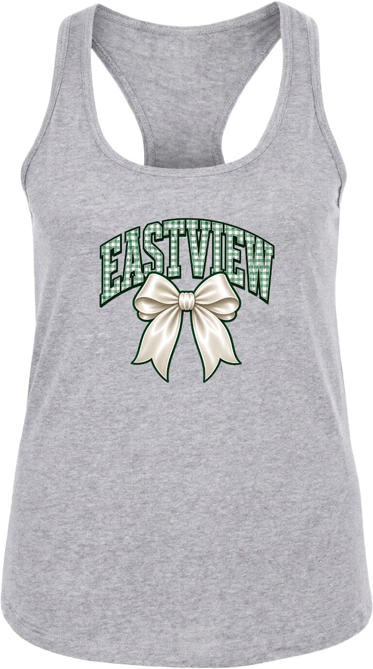 A gray tank top with a graphic design featuring a large bow and the text "EASTVIEW" printed on it.