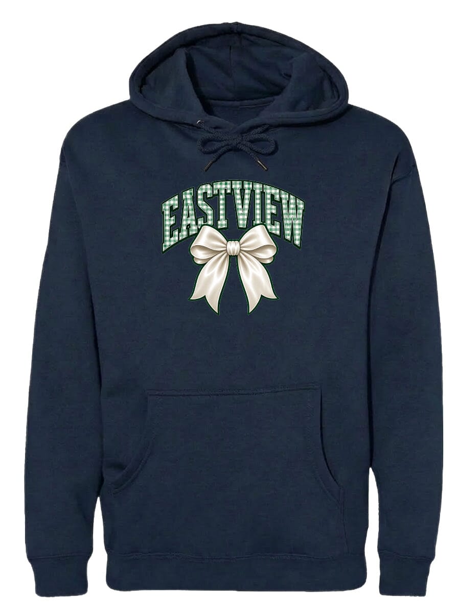 A navy blue hoodie with a white bow and the word "EASTVIEW" printed on it.