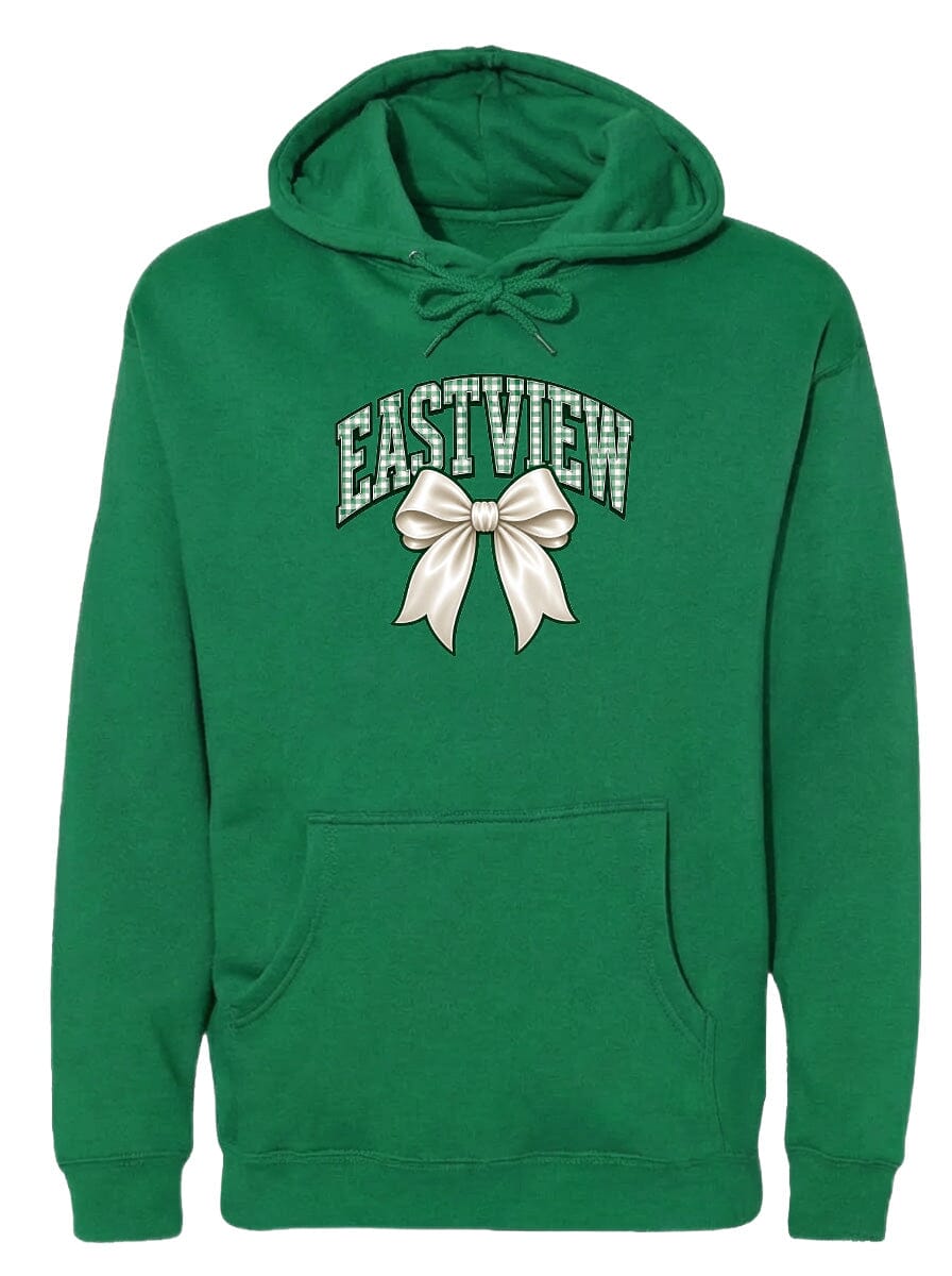 A green hoodie with a white bow on the front.
