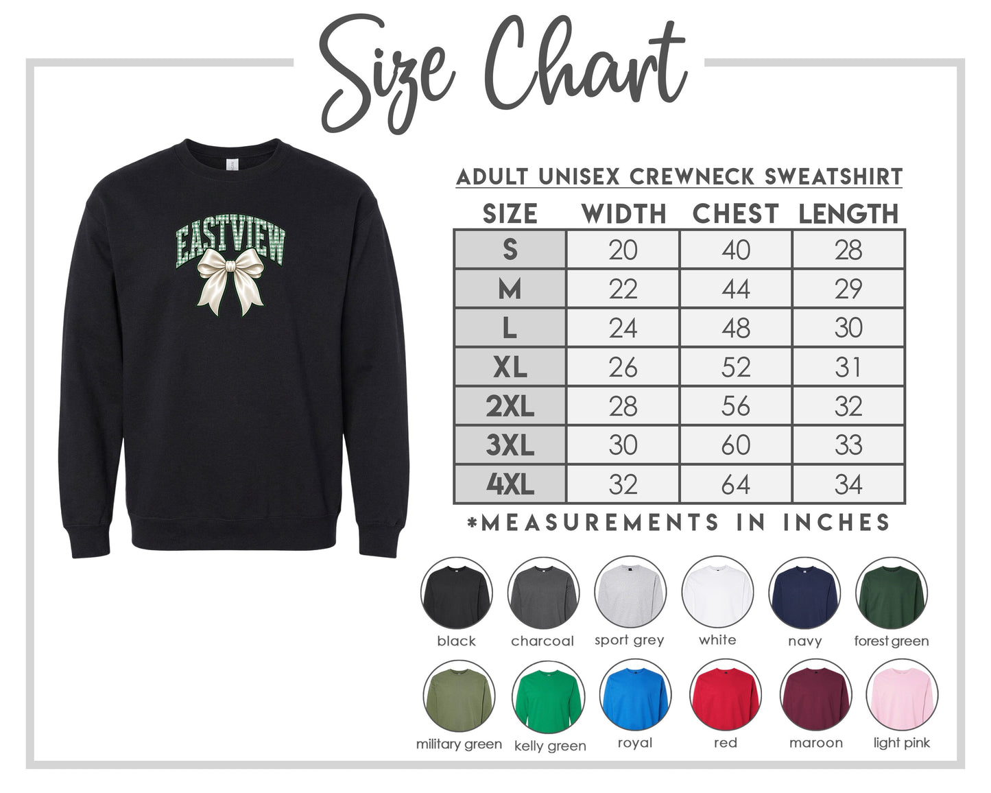 The image is a size chart for an adult unisex crewneck sweatshirt. It includes a black crewneck sweatshirt with a bow on the front, along with a table of size measurements and corresponding colors for different sizes.