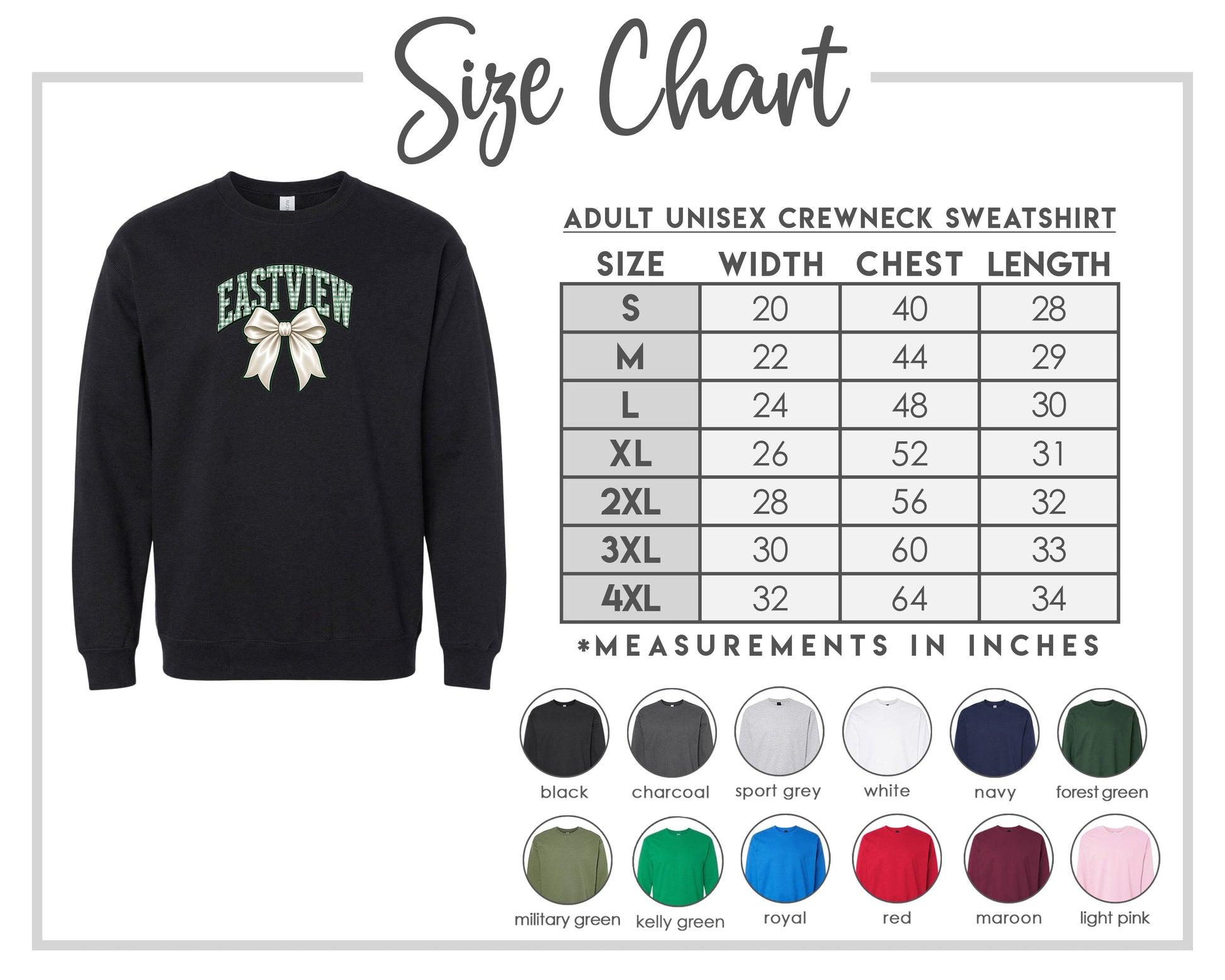 The image is a size chart for an adult unisex crewneck sweatshirt. It includes a black crewneck sweatshirt with a bow on the front, along with a table of size measurements and corresponding colors for different sizes.