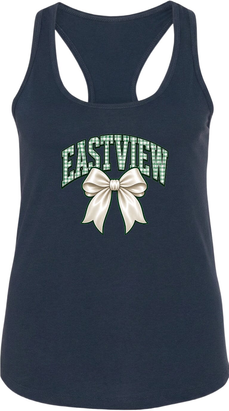 A navy blue tank top with a bow and the word "EASTVIEW" printed on it.