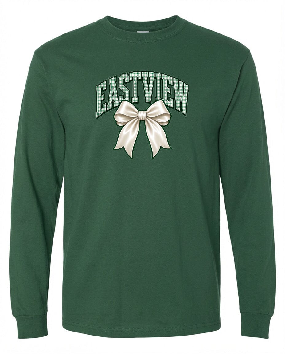 A green long-sleeved t-shirt with a white bow and the word "EASTVIEW" printed on it.