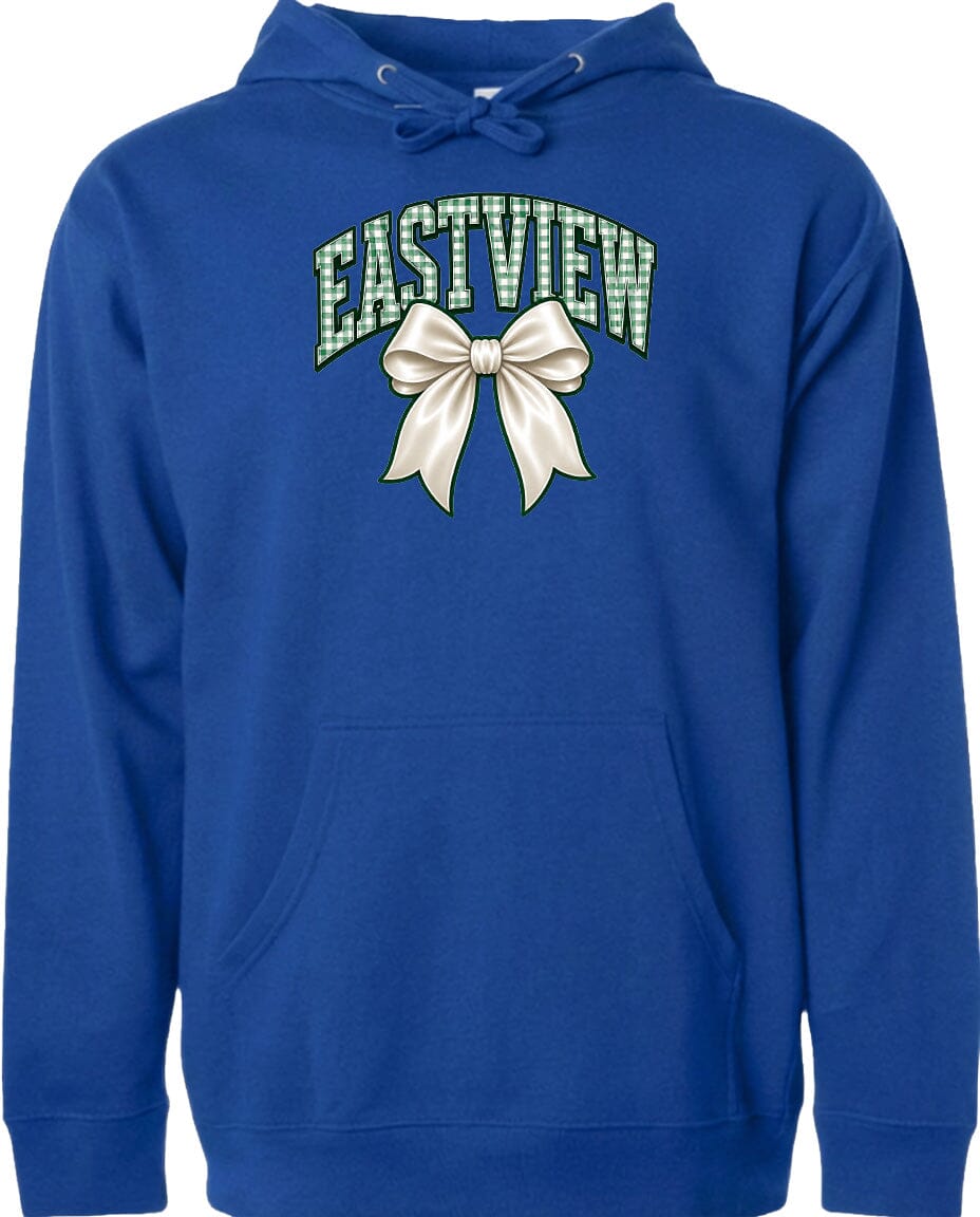 A blue hoodie with a white bow and the word "EASTVIEW" printed on it.