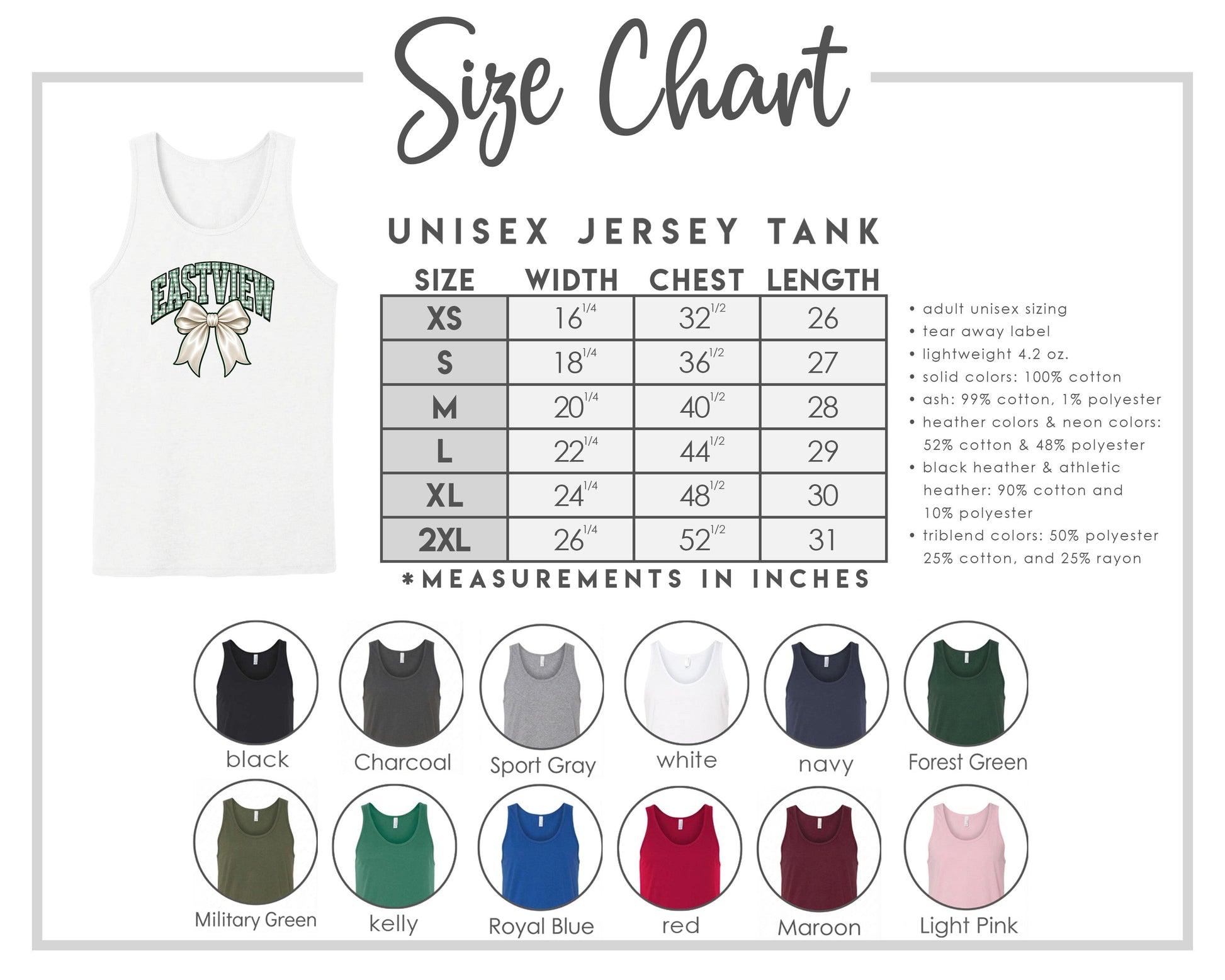 The image is a size chart for a unisex jersey tank, providing measurements and corresponding tank sizes for different chest lengths.