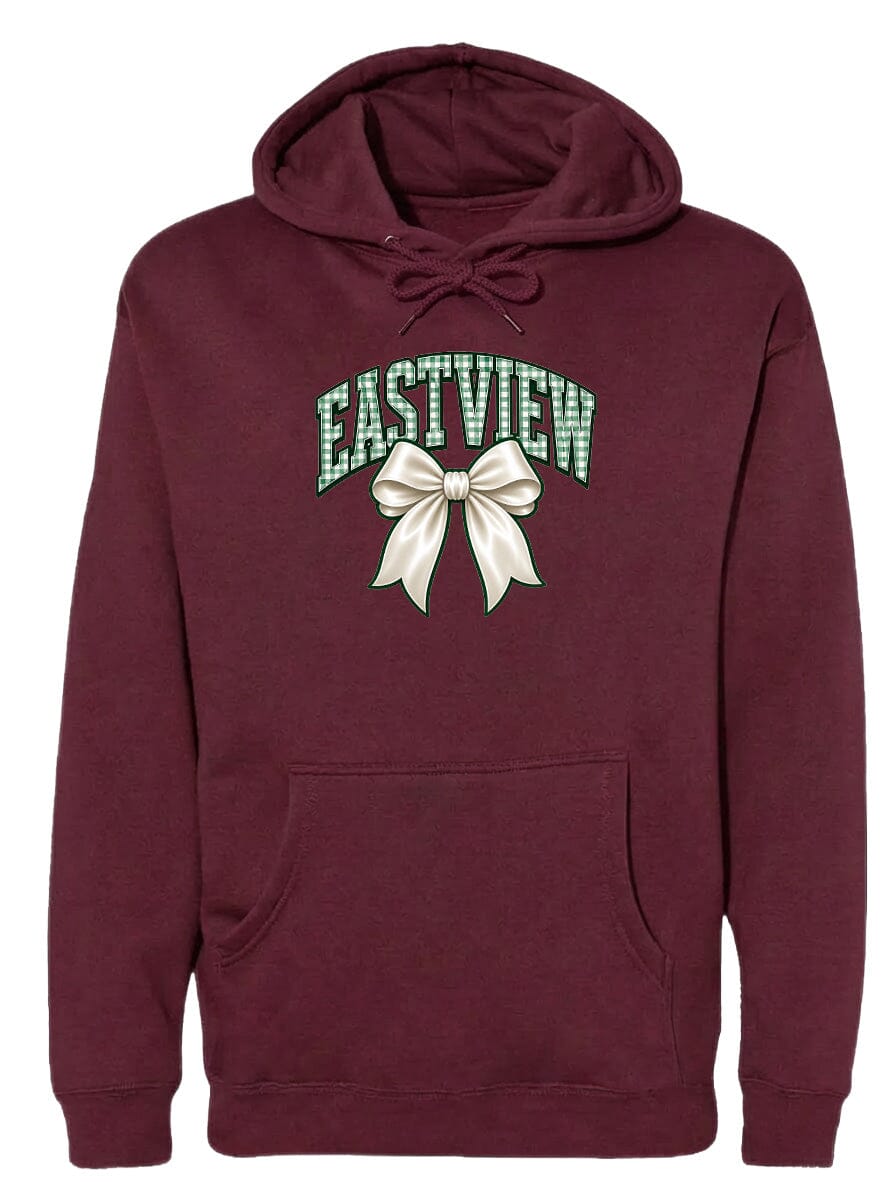 A burgundy-colored hoodie with a white bow and the word "EASTVIEW" printed on it.
