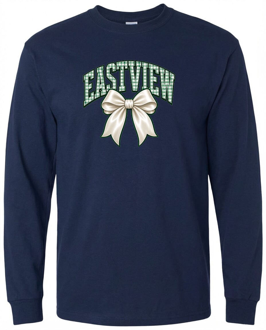 A navy blue long-sleeved shirt with a graphic design on the front. The design features a white bow and the word "EASTVIEW" written in green and white letters.