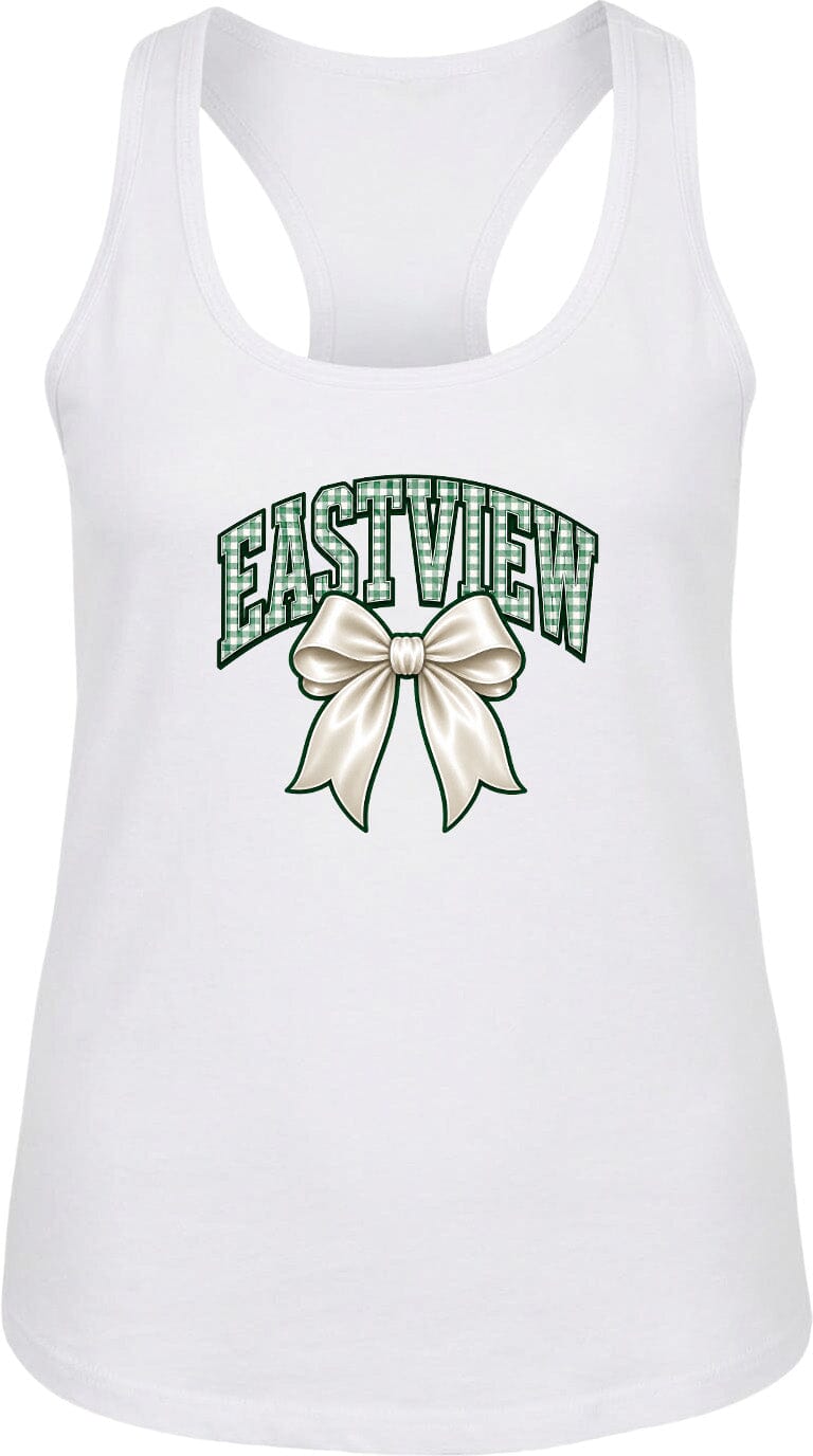 A white tank top with a graphic design featuring the word "EASTVIEW" and a bow.