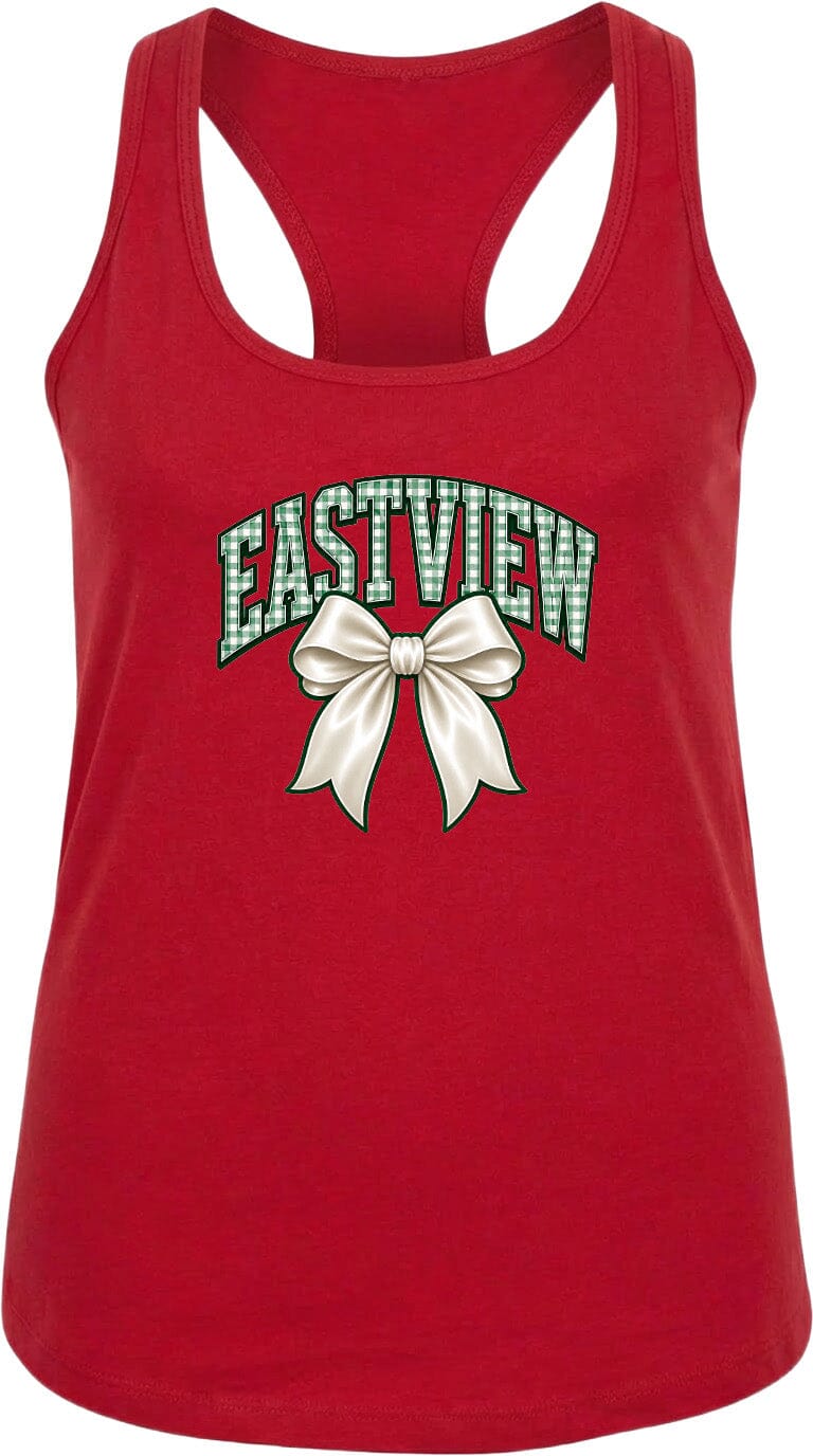 A red tank top with a bow and the word "EASTVIEW" printed on it.