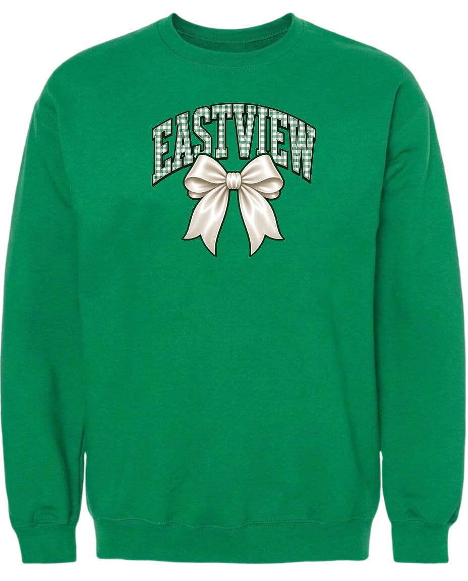 A bright green sweatshirt with a white bow and the word "EASTVIEW" printed on it.