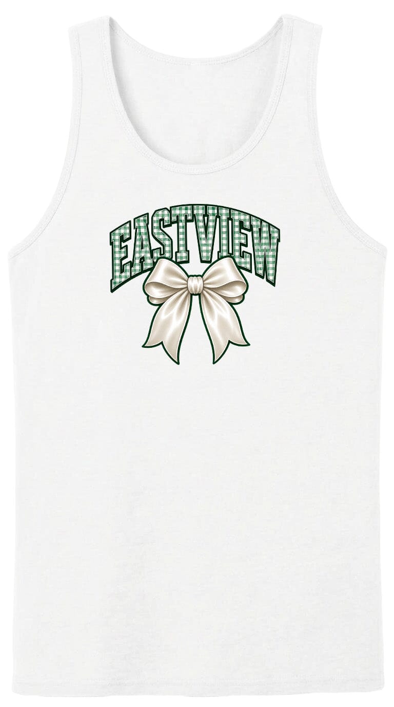 A white tank top with a green bow and the word "EASTVIEW" printed on it.