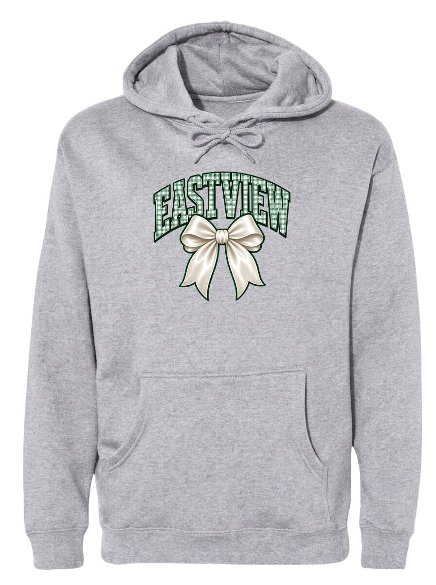 A gray hoodie with a green and white graphic design on the front, featuring a large bow.