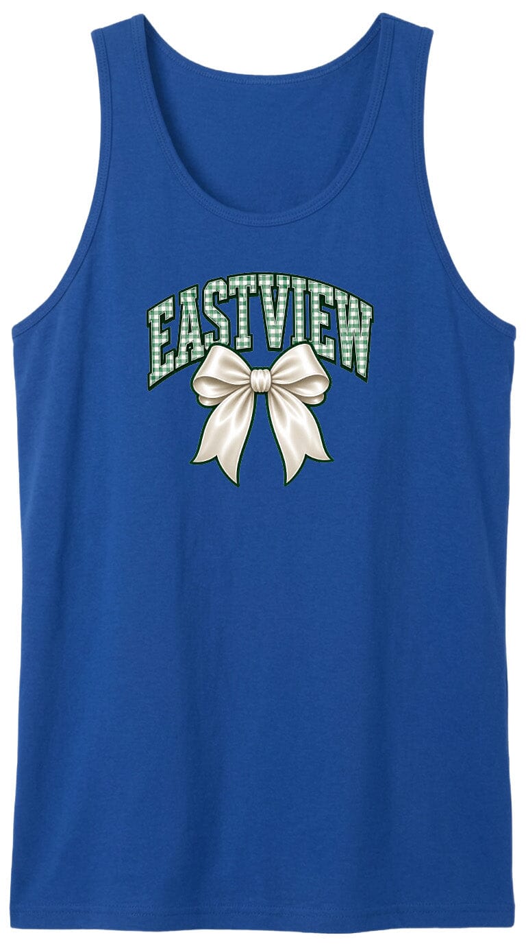 A blue tank top with a white bow and the word "EASTVIEW" printed on it.